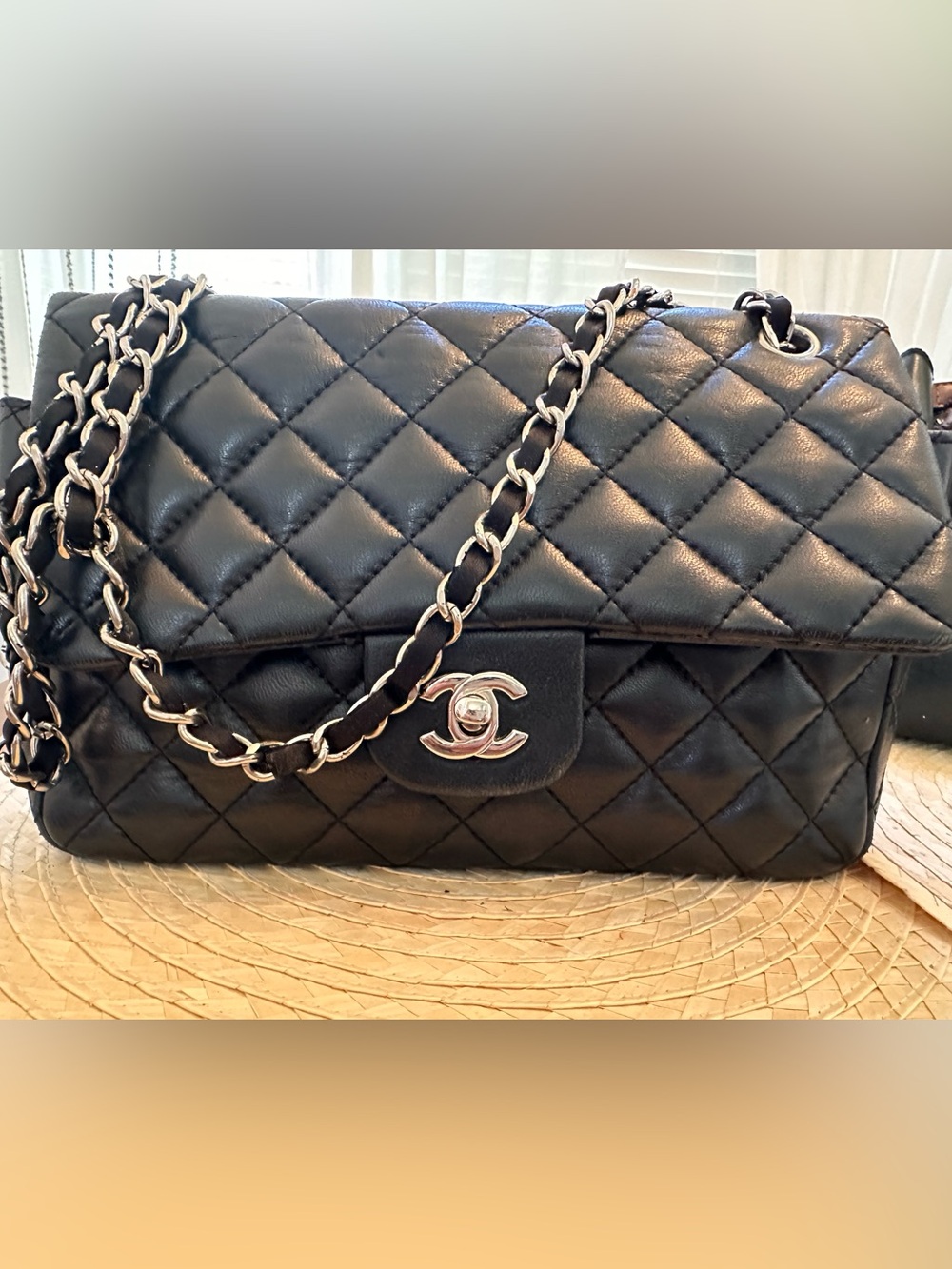 Black Quilted Leather Shoulder Bag with Silver Chain with red CC wallet